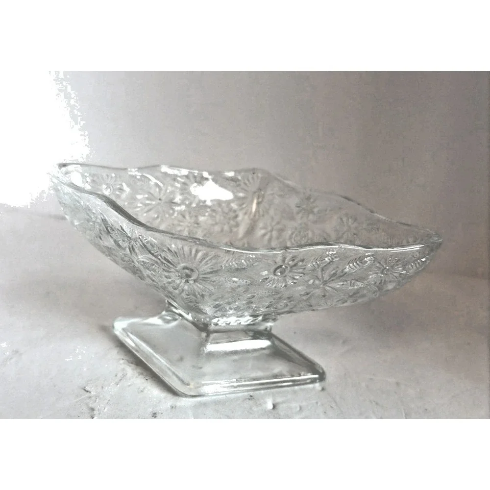 Vintage Indiana Glass Diamond Shape Clear Glass Floral Footed‎ Candy Dish Bowl